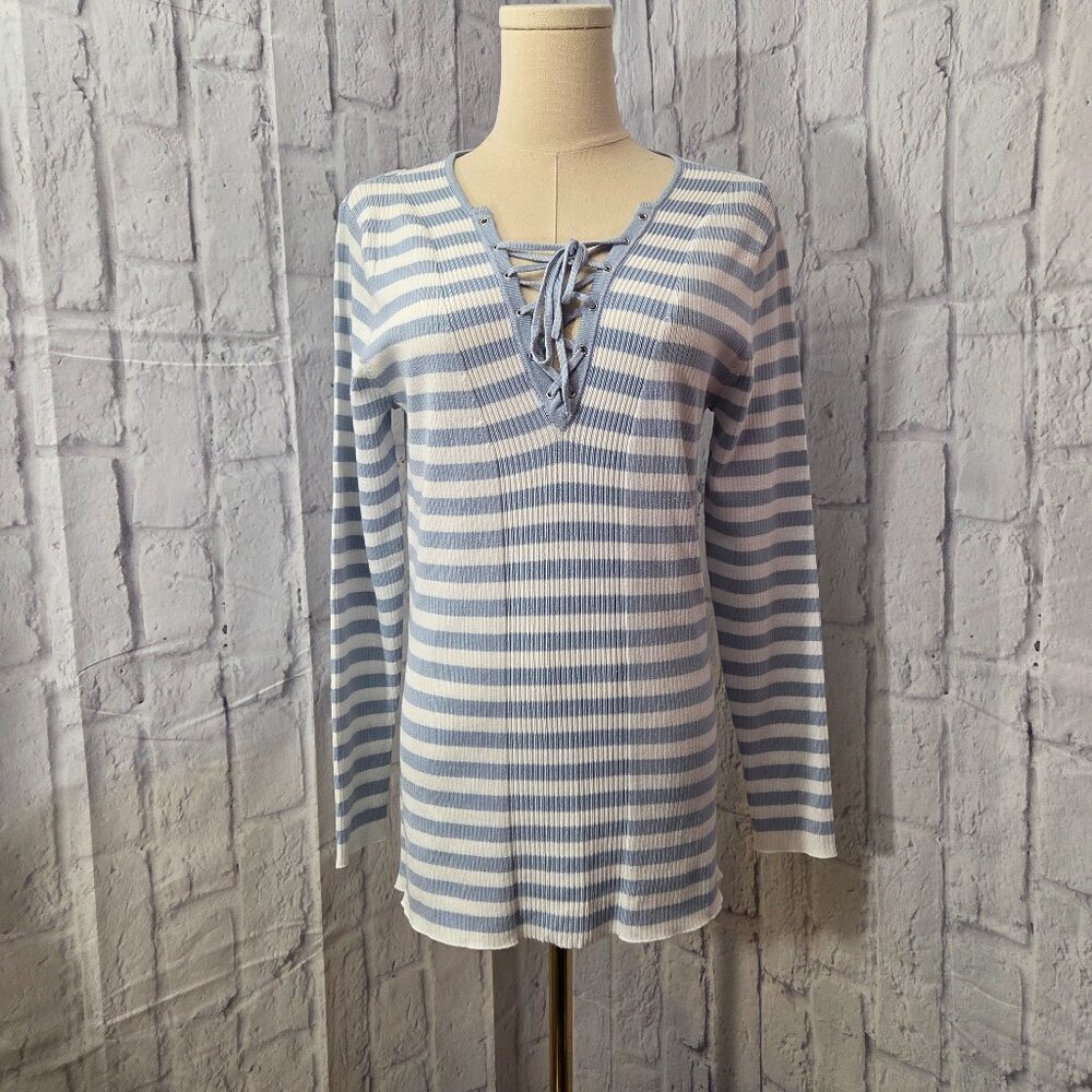 Cato Stretch Large Sky Blue White Stripe Lace Up V Neck Long Sleeve Top NWT